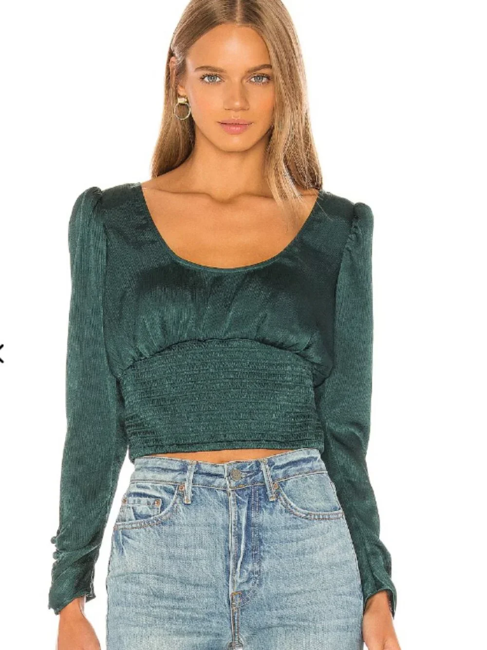 Free People Smocked Cropped Long Sleeve Puff Sleeve Blouse Boho Feminine Size S